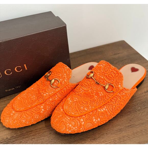 GUCCI Princetown Orange Lace Horsebit Mules EU 38.5 US 8.5 COA Luxury Slip On - Picture 3 of 11